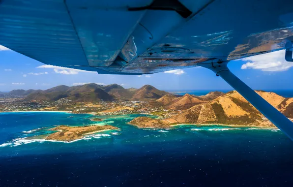 Picture sea, mountains, the plane, island, wing, Saint-Martin, French overseas territories, Nature reserve of Pinel Island