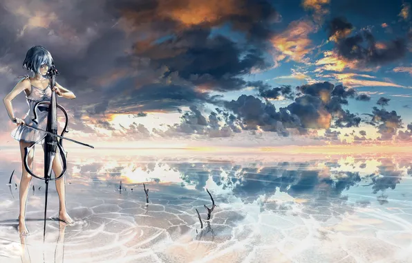 Girl, clouds, reflection, music, heaven, anime, art, tool