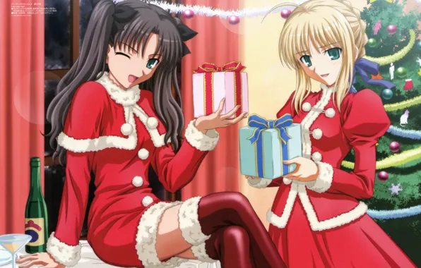 Girls, new year, gifts, tree, the snow maiden, Fate Stay Night