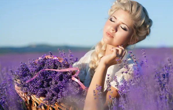 Girl, nature, basket, makeup, hairstyle, blonde, lavender, lavender field