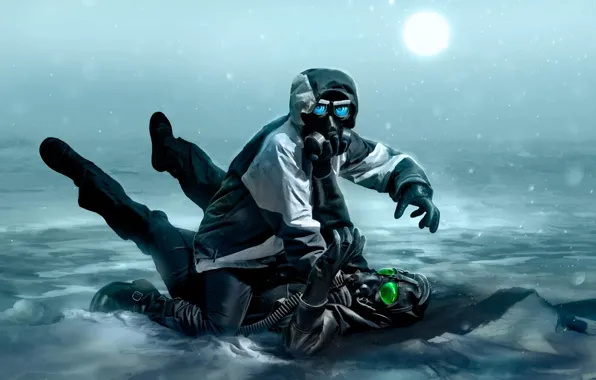 Picture art, fight, gas mask, two, comic, romance of the Apocalypse, romantically apocalyptic