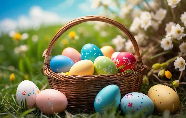 Flowers, eggs, spring, colorful, Easter, happy, flowers, spring