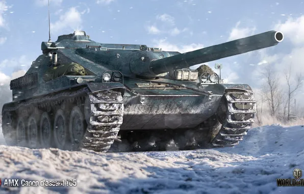 Picture winter, snow, art, World of Tanks, PT-ACS, WOT, French, AMX assault Cannon 105