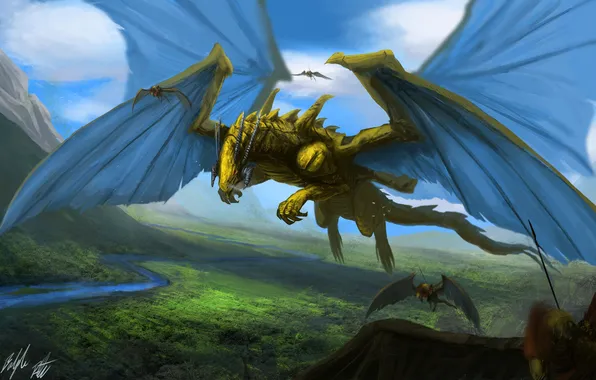 Picture flight, river, dragons, valley, art, Peter Balogh