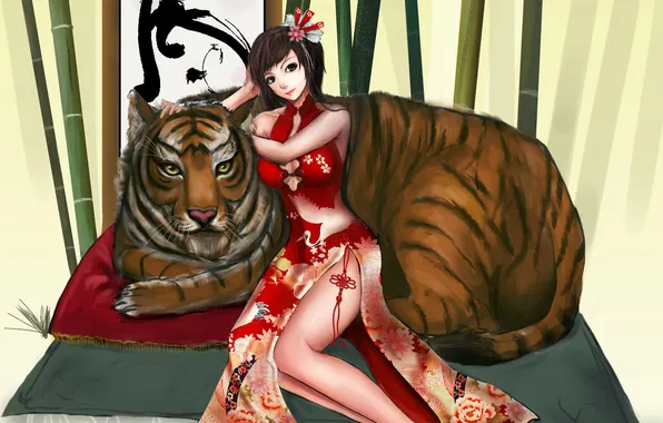 Picture girl, tiger, bamboo, art, pillow, character, ytoy