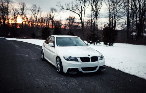 Winter, road, white, snow, trees, BMW, BMW, white