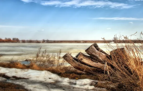 Snow, landscape, nature, river, spring