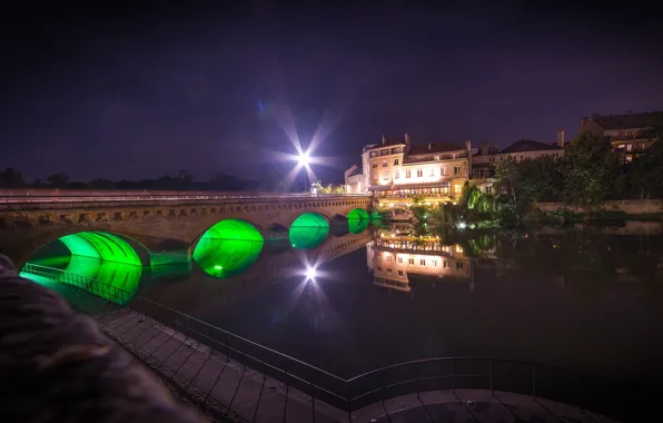 Trees, night, bridge, lights, river, France, home, backlight