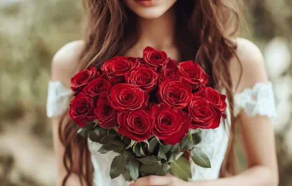 Girl, flowers, roses, bouquet, red, brown hair, the bride, white dress