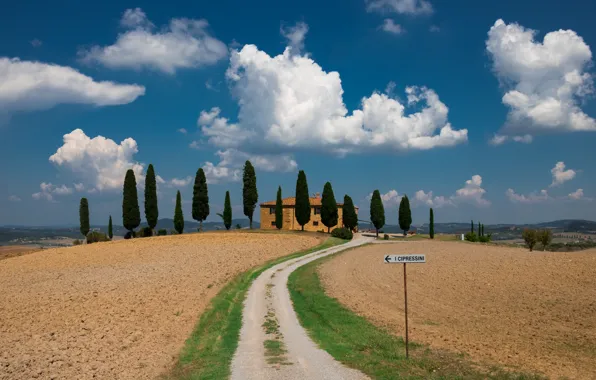 Road, field, clouds, hills, index, Italy, house, cypress