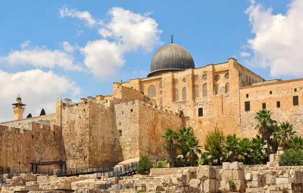 Picture the sky, the sun, clouds, stones, palm trees, temple, architecture, Palace