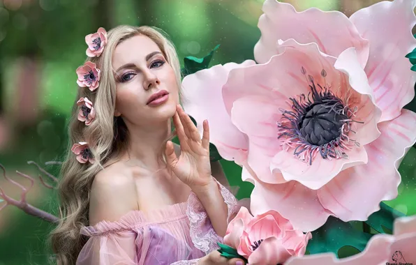 Picture girl, flowers, blonde, neckline, shoulder, Oksana Syrostan