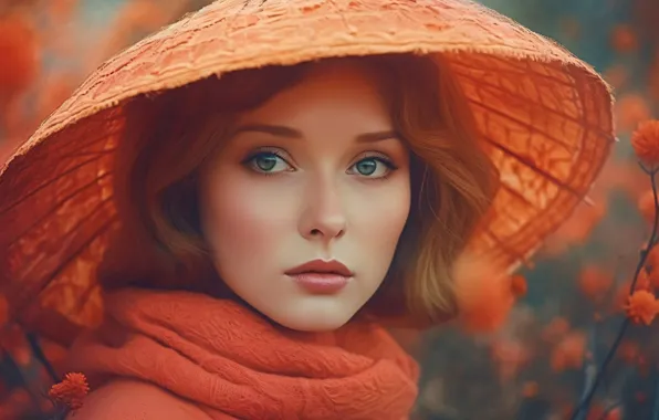 Autumn, look, girl, orange, close-up, branches, portrait, orange
