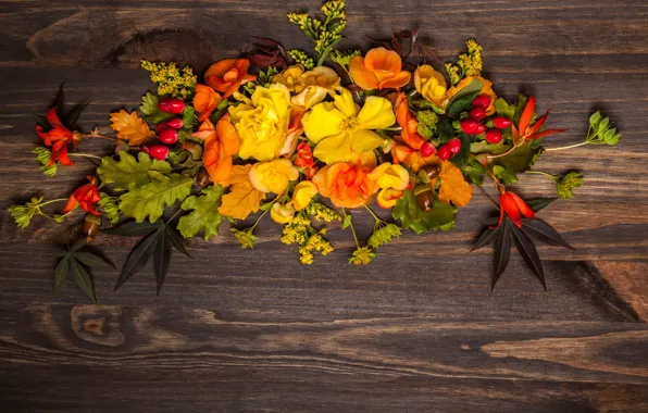 Autumn, leaves, flowers, wood, flowers, autumn, leaves, composition