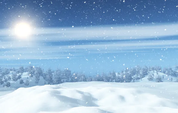 Winter, forest, the sky, the sun, clouds, rays, light, snow