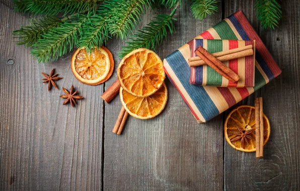 Picture decoration, tree, orange, New Year, Christmas, gifts, cinnamon, happy