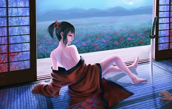 Girl, weapons, blood, hand, sword, katana, art, kimono