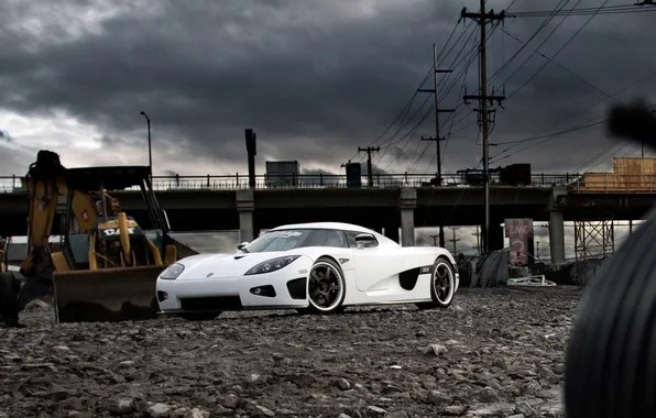 White, the sky, clouds, bridge, Koenigsegg, white, bulldozer, bridge