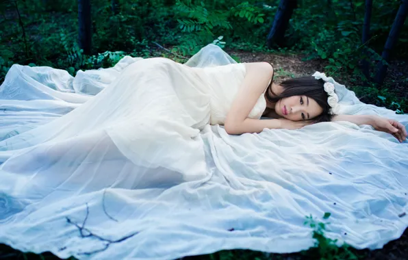 Sadness, forest, look, leaves, girl, trees, flowers, nature
