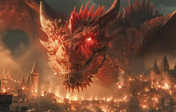 Home, The city, Dragon, Look, Fire, Face, Digital art, AI art