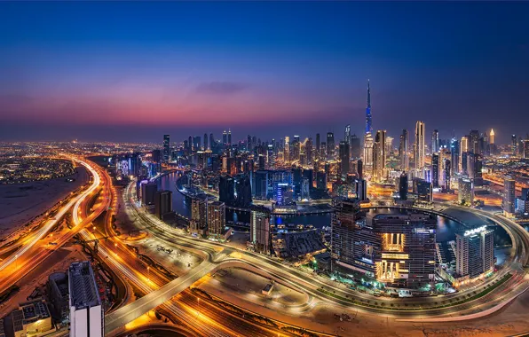 Building, road, home, Dubai, night city, Dubai, skyscrapers, UAE