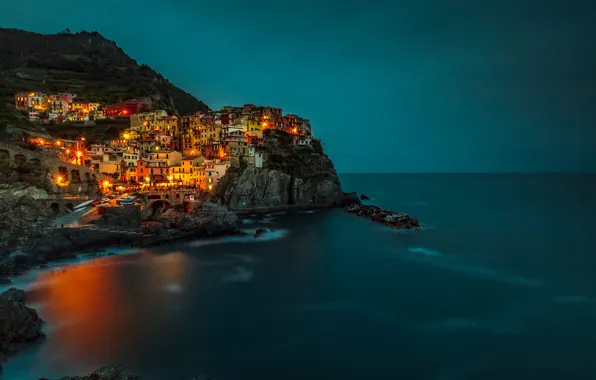 Sea, the sky, night, the city, lights, shore, coast, view