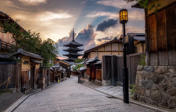 Picture sunset, the city, street, home, the evening, Japan, lights, Kyoto