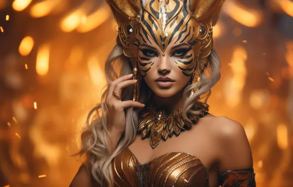 Chest, look, girl, decoration, strips, face, lights, pose
