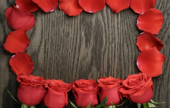 Bouquet, petals, red, wood, romantic, roses, red roses