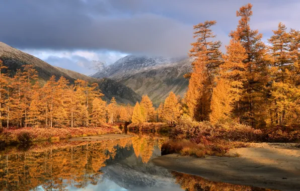 Picture autumn, clouds, trees, landscape, mountains, nature, reflection, river