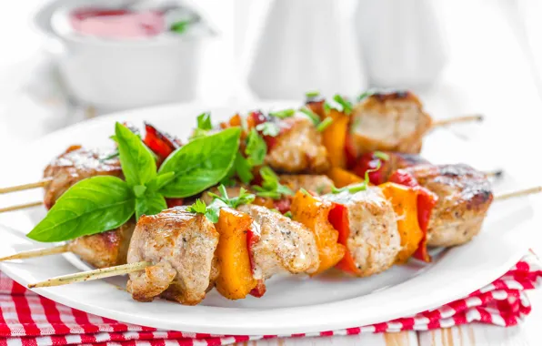 Meat, vegetables, kebab, Basil