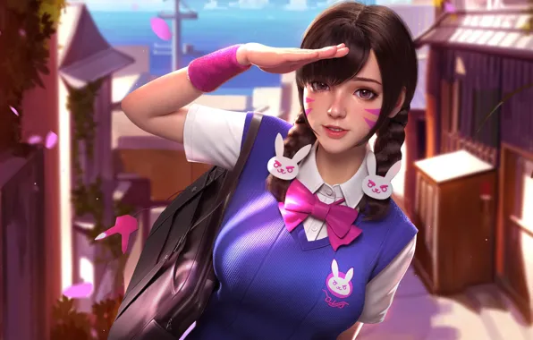Picture girl, street, Overwatch, D.Va