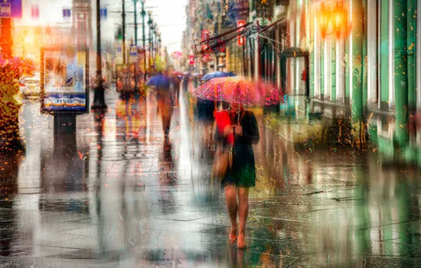 Girl, drops, rain, umbrella, Saint Petersburg, Russia, Nevsky Prospekt