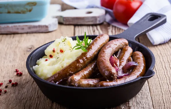 Picture food, table, sausage, cooking, potato, mash, casserole, caramelized