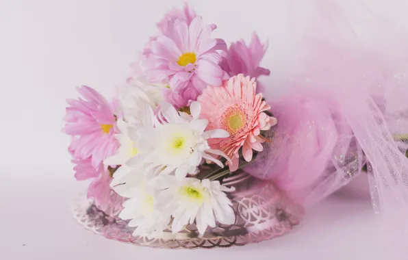 Flowers, background, bouquet, colorful, chrysanthemum, bokeh, tulle