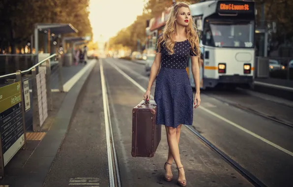 Picture girl, retro, street, suitcase, Vintage