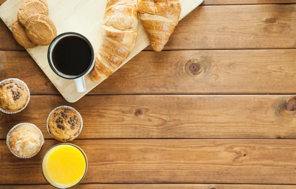 Coffee, Breakfast, juice, wood, cakes, orange