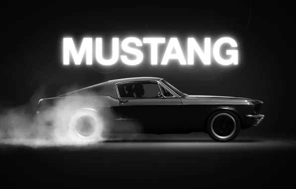 Mustang, Ford, Auto, Black, Figure, Smoke, Neon, Machine