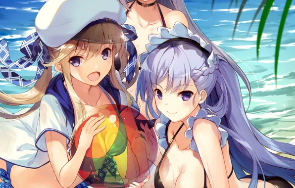 Sexy, cleavage, beach, long hair, sea, girls, boobs, anime