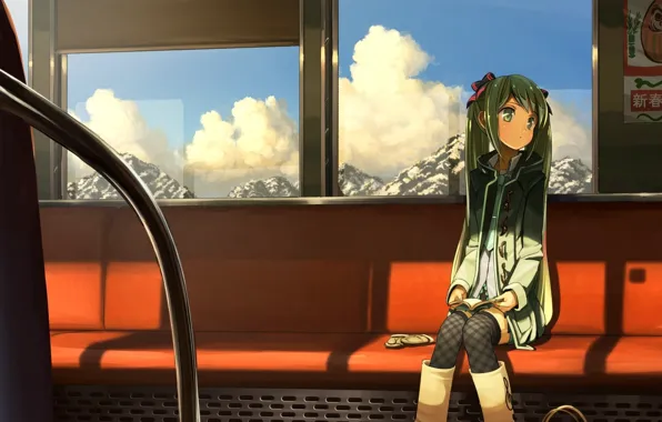 Picture girl, clouds, mountains, train, art, the car, seat, vocaloid