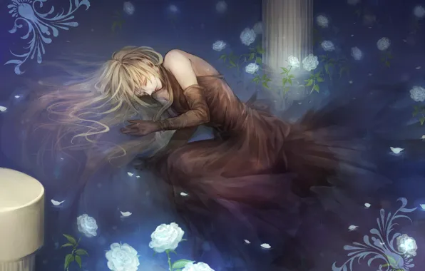 Water, rain, roses, Girl, columns, art, senano-yu