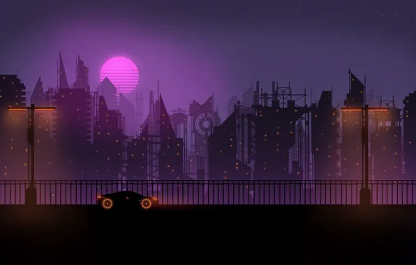 Sunset, Auto, Minimalism, Music, The city, The moon, Machine, Star