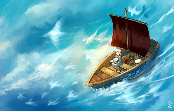 Picture clouds, birds, fantasy, boat, art, girl, sail, seal
