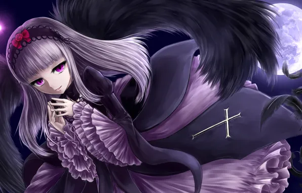 Picture look, girl, night, smile, magic, the moon, wings, rozen maiden