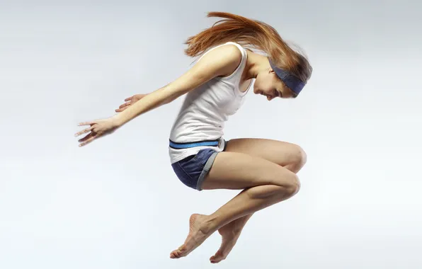 Girl, jump, shorts, brown hair, t-shirt