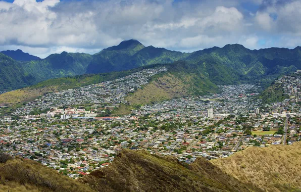 Picture mountains, home, valley, Hawaii, USA, urbanization