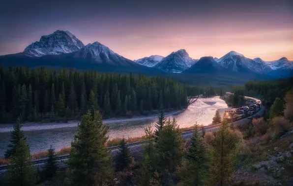 Picture forest, trees, mountains, river, train, Canada, railroad, Albert
