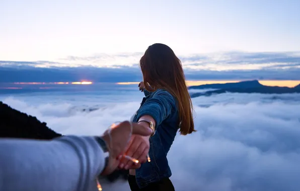 The sky, girl, hair, hands, jacket