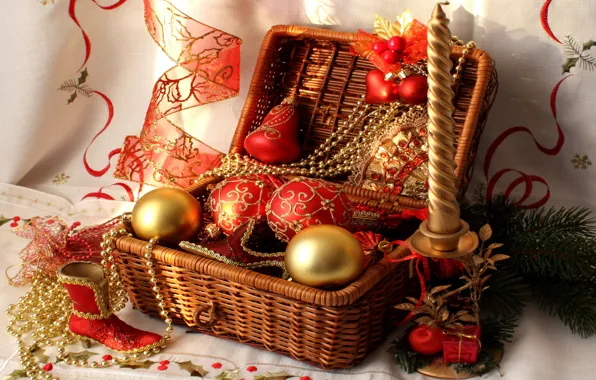 Balls, candle, tape, beads, basket, red, boot, Christmas decorations