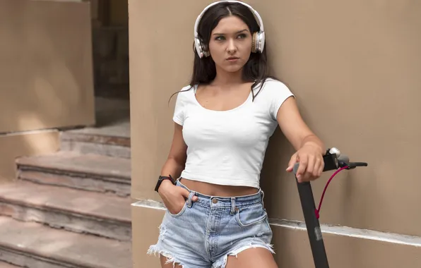 Girl, shorts, woman, young, headphones, tank top